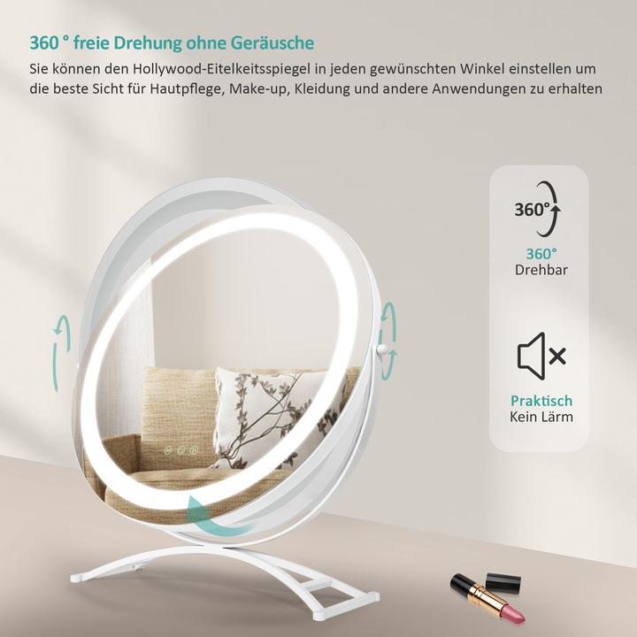 Produktbild Emke Kosmetikspiegel Runder mit Beleuchtung, 3 Farbtemperatur und Dimmbar, 360° Drehbar, 50cm, Weiss