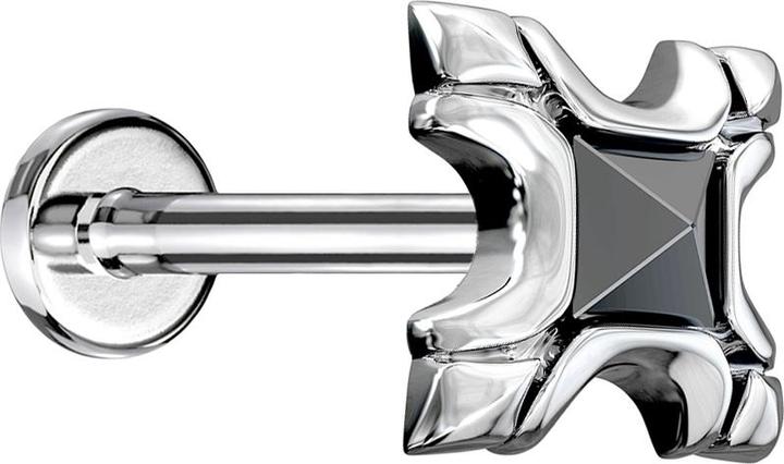 Star Piercing Micro Labret Innengewinde silber Tribal Schild mit Kristall schwarz (Messing, Chirurgenstahl 316L)