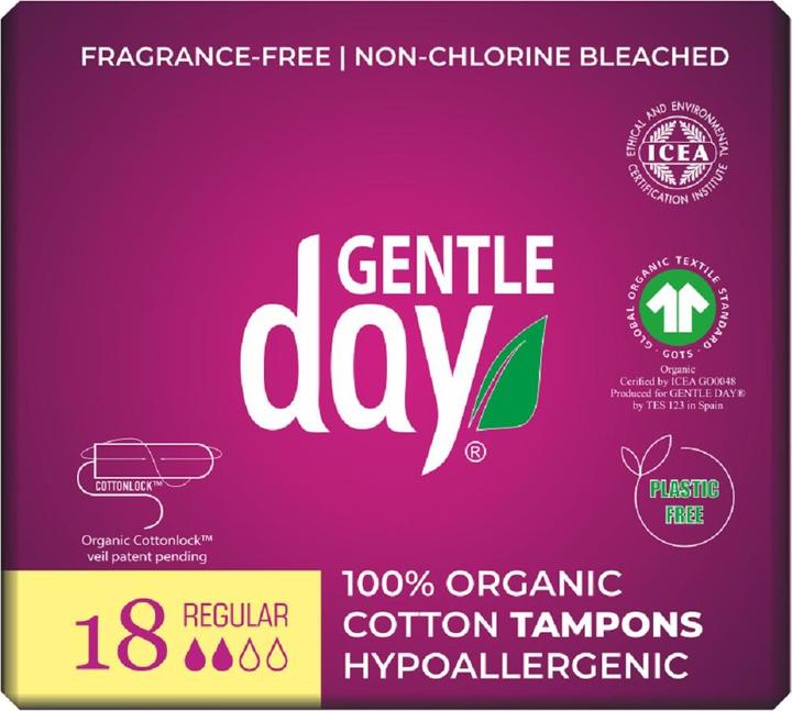 Actual product image Gentle Day 100% Organic Cotton Tampons - Regular 18 Stcs - (18 x, Regular)