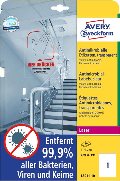 Image du produit Avery AVZ L8011-10 Étiquettes antimicrobiennes 210x297mm transparent