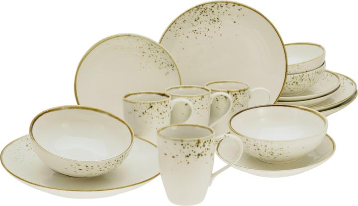Creamy white with speckles in light wood tones