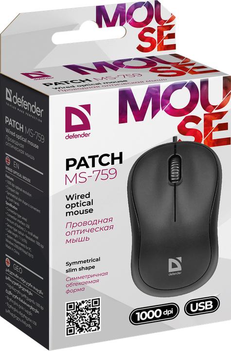Actual product image Defender MAUS PATCH MS-759 BLACK OPTICAL 1000dpi 3P (Cable)