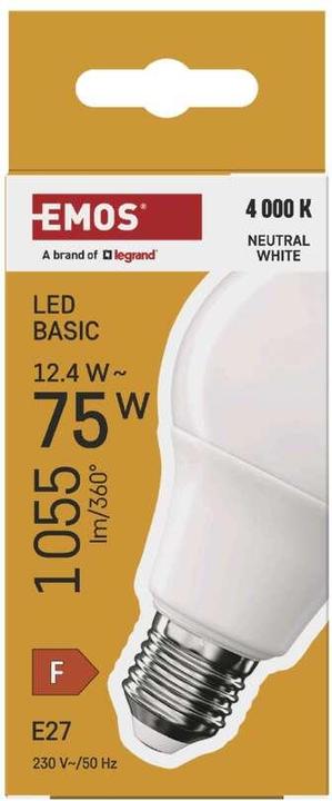 Image du produit Emos Lampe LED Basic A60 / E27 / 12,4 W (75 W) / 1055 lm / Blanc neutre (E27, 12.40 W, 1055 lm, 1 x, F)