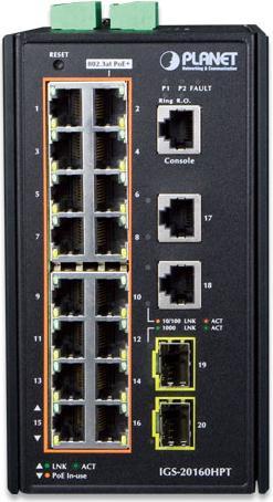 Immagine prodotto Planet Switch industriale a 16 porte 10/100/1000T PoE 2 porte Gigabit Uplink + 2 porte Gigabit SFP Uplink (16 Porti)
