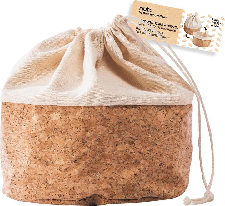 Nuts Bread bag with cord, cotton L, cork/beige, 24 cm