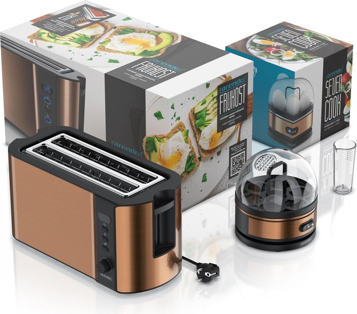 Produktbild Arendo Frühstücks Set, 4-Scheiben Langschlitz Toaster mit Brötchenaufsatz & Eierkocher für 7 Eier, Kupfer