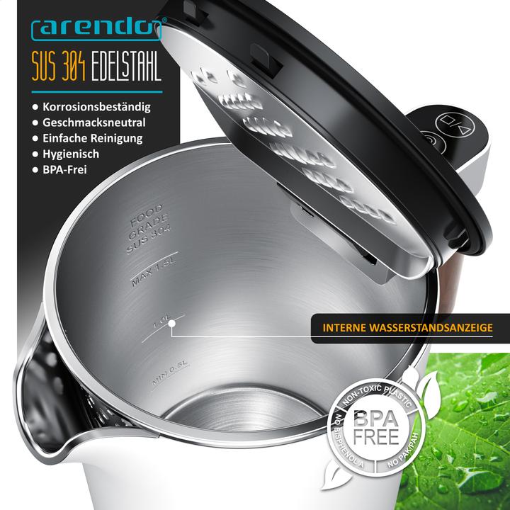 Immagine prodotto Arendo Wasserkocher 1,5 L Edelstahl, Warmhaltefunktion, Temperatureinstellung, Griff in Holzoptik, 2200 W (1.50 l)