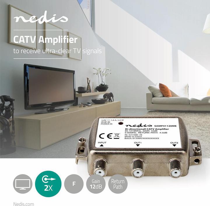 Image du produit Nedis SAMP41120ME Amplificateur CATV Gain : 12 dB 85-1218 MHz Nombre de sorties : 2 voie de retour Silb (Bloc d'alimentation)