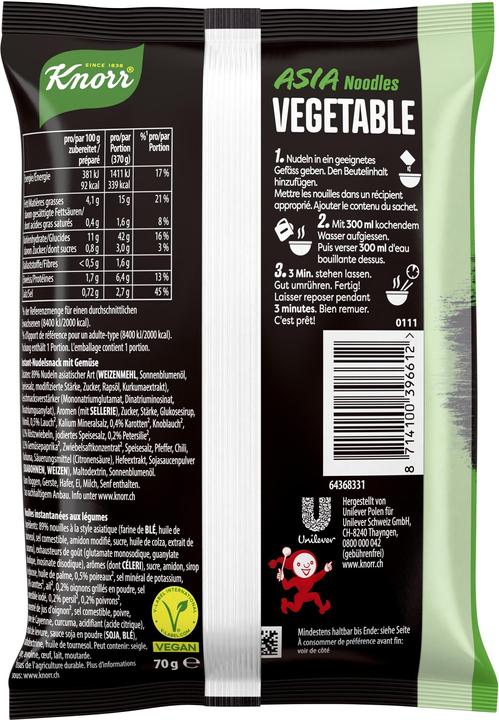 Actual product image Knorr Asia Noodles Vegetable pouch, instant Asian noodles with vegetables, prepared in 3 minutes. (70 g)