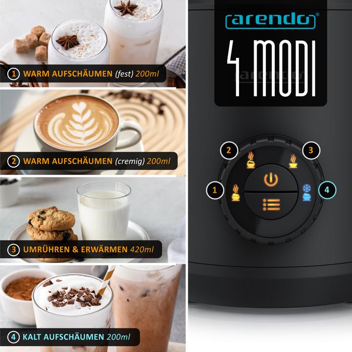 Produktbild Arendo Milchaufschäumer 4in1 Induktion, warm & kalt Schaum, 400ml, Edelstahl, 50 W, spülmaschinengeeignet (42 cl)