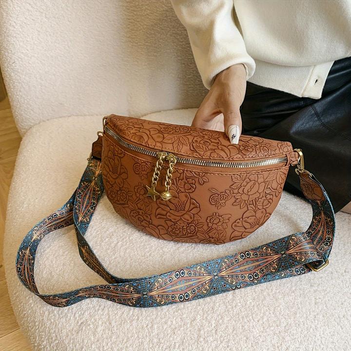 Actual product image Only-Bags.Store Retro elegant floral pattern crossbody bag, classic structured ethnic fancy pack with wide strap