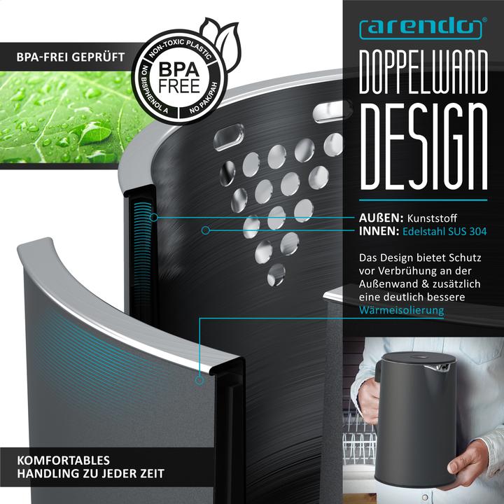 Image du produit Arendo Petit-déjeuner, bouilloire 1,5l, grille-pain 2 tranches et cuiseur à oeufs pour 3 oeufs, gris