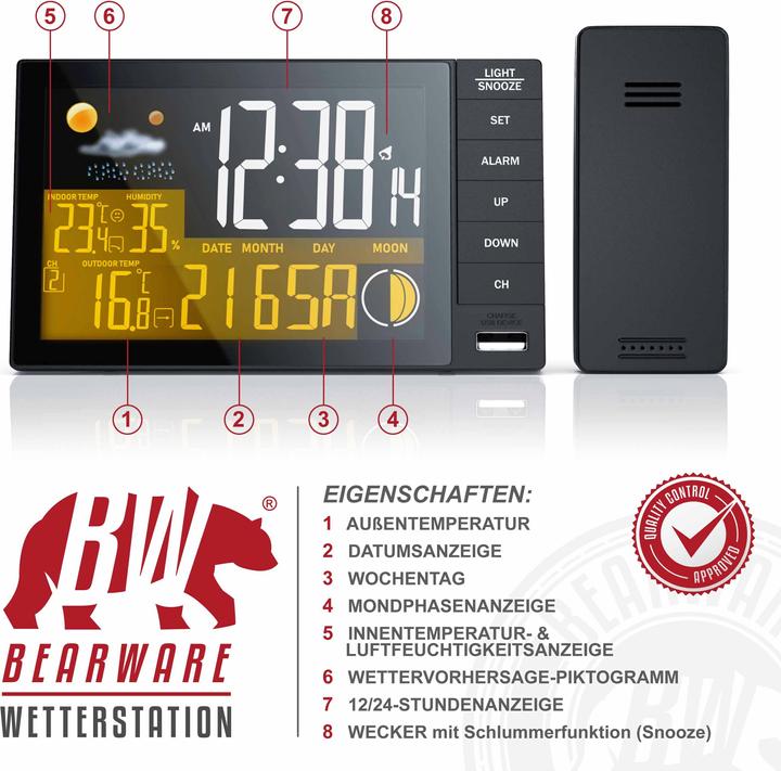 Produktbild CSL Funk Wetterstation Innen und Aussen mit Aussensensor, DCF, Farbdisplay, Thermometer, Hygrometer