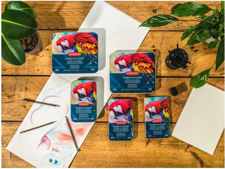 Produktbild Derwent Chromaflow Buntstifte (Blush Pink, Flame, Natural Brown, Scarlet, grass green, Denim, Sun Yellow, Blue, Basil, Black, Lilac, White, 12 x)