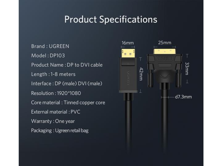 Produktbild Ugreen Display Port auf DVI (2 m, DisplayPort)