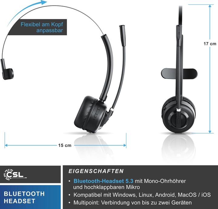 Image du produit CSL Casque sans fil, casque Bluetooth, microphone, station de charge, annulation du bruit, multipoint (Sans fil, USB-A)