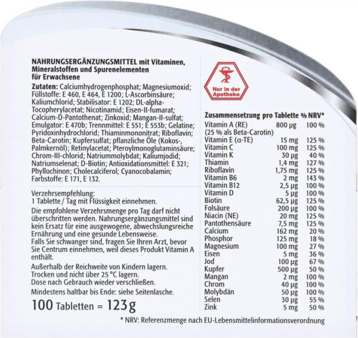 Nutritional values and ingredients Centrum A Zinc (100 Piece, Capsules, 175 g)