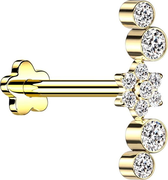 Star Piercing Micro Threadless Labret Blume vergoldet Blume Kristalle silber vier Kristalle (ohne Messing, Titan G23)