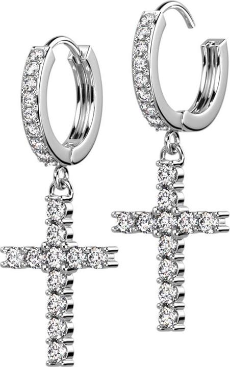 Produktbild Star Piercing Ohrring zum Klappen silber Kristalle silber Anhänger Kreuz (Chirurgenstahl 316L, Messing)
