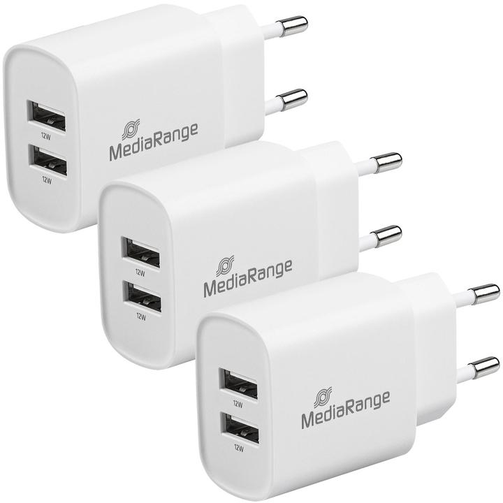 MediaRange Set di 3 alimentatori USB con 2 porte USB-A, 12W, bianco (12 W)