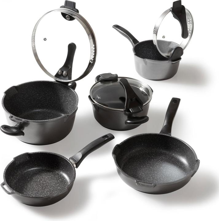 Produktbild Stoneline Future Topfset 8 teilig mit Sieb Deckeln, beschichtete Töpfe, Pfannen Induktion geeignet (24 cm, Kochtopf, Bratpfanne, Stielkasserolle, Bräter + Schmortopf, Aluminiumguss)