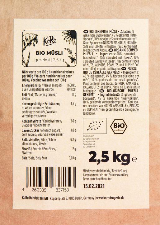 Nährwerte und Zutaten KoRo Bio gekeimtes Müsli (2500 g)