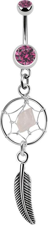 Star Piercing Banane silber mit Anhänger Traumfänger und Feder pink (ohne Messing, Chirurgenstahl 316L)
