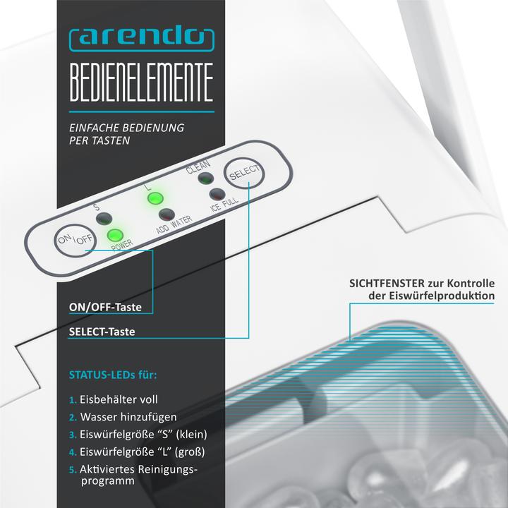 Immagine prodotto Arendo Fabbricatore di cubetti di ghiaccio, 120W con contenitore da 1,5 litri, fabbricatore di cubetti di