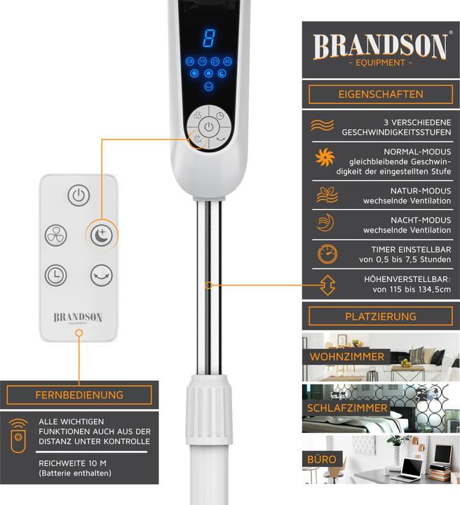 Produktbild Brandson Standventilator 40 cm Ø, Fernbedienung, Display, Oszillation, Höhe & Kopf verstellbar, 60W, weiss (57 dB)
