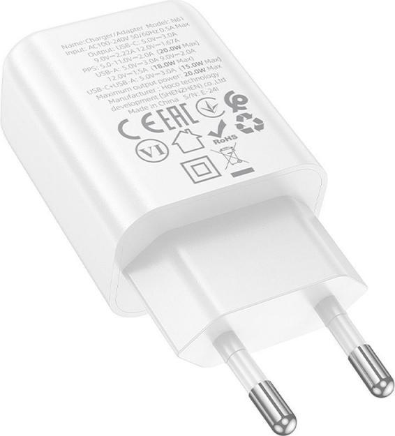 Actual product image Hoco Adapter wall charger USB A + Type C PD QC3.0 3A 20W N61 white (20 W)