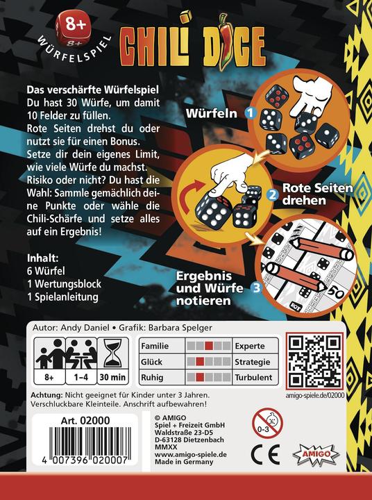 Immagine prodotto Amigo Chili Dice, d da 8 anni, 1-4 giocatori, gioco di dadi, gioco di famiglia (Inglese, Tedesco)