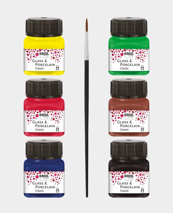 Immagine prodotto Kreul Set classico in vetro e porcellana (Blu reale, Cognac, Verde, Nero, Giallo canarino, Cremisi, 120 ml)