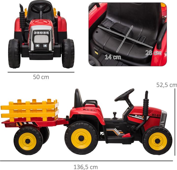 Immagine prodotto Swisshandel24 Trattore elettrico per bambini con rimorchio, telecomando, MP3, fari, 3-6KM/H, rosso