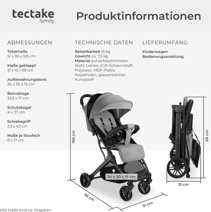 Image du produit tectake Poussette Buggy Finn, pliable, harnais à 5 points