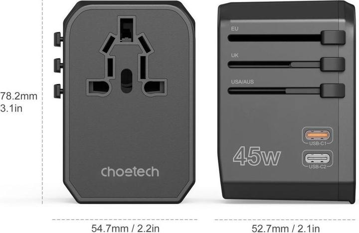 Productafbeelding Choetech PD6045 USB-C USB-A 45W GaN Reisoplader met US EU UK AU Stekkers - Zwart (45 W)