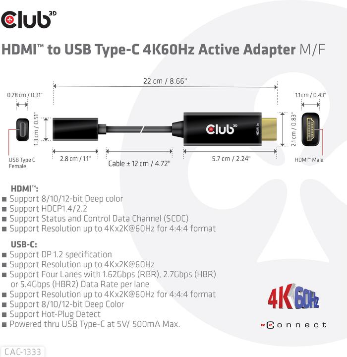 Produktbild Club 3D HDMI (Typ A) — USB C (HDMI, USB Typ-C, 22 cm)