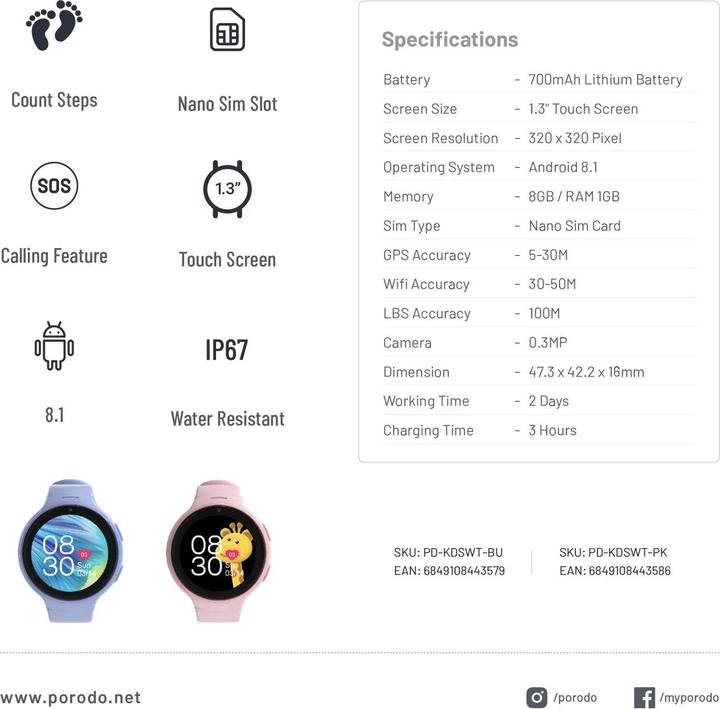 Image du produit Porodo Montre intelligente pour enfants (42.20 mm, 4G)
