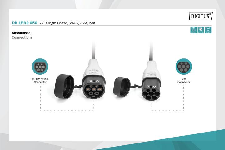 Produktbild Digitus Einphasig 32A - Ladekabel Typ 2 auf Typ 2 (Typ 2, 7.40 kW, 32 A, 5 m)