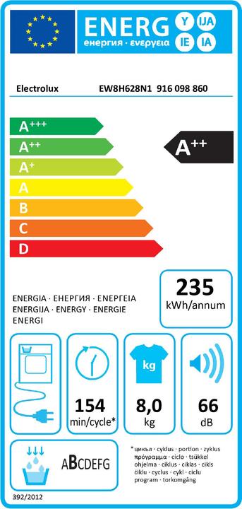 Label énergétique Electrolux EW8H628N1 (8 kg, Gauche)