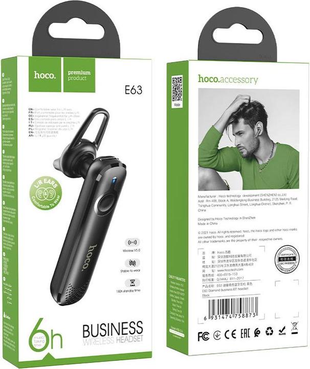 Immagine prodotto Hoco - Bluetooth Headset Diamond (E63) - Bluetooth 5.0, Rotary Ear Hook - Black