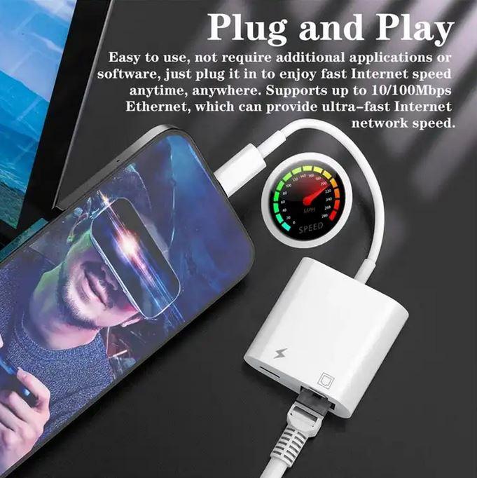 Actual product image PhoneLook Multiport Lightning to RJ45 Ethernet LAN adapter with USB-C power connection