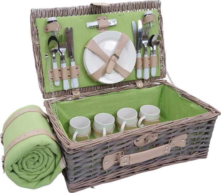 Swisshandel24 Picknickkorb-Set für 4 Personen, Weiden-Korb, Porzellan Edelstahl - grau-grün