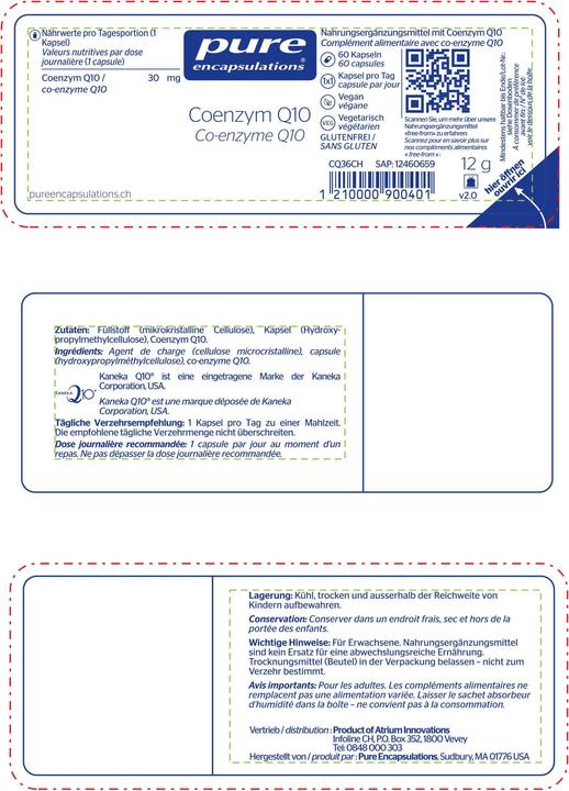 Nährwerte und Zutaten Pure encapsulations Coenzym Q10 (60 Stück, Kapseln, 12 g)