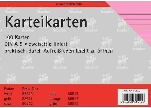 Produktbild Staufen Karteikarten A5/100 rosa liniert (A5, 180 g/m², 100 x)