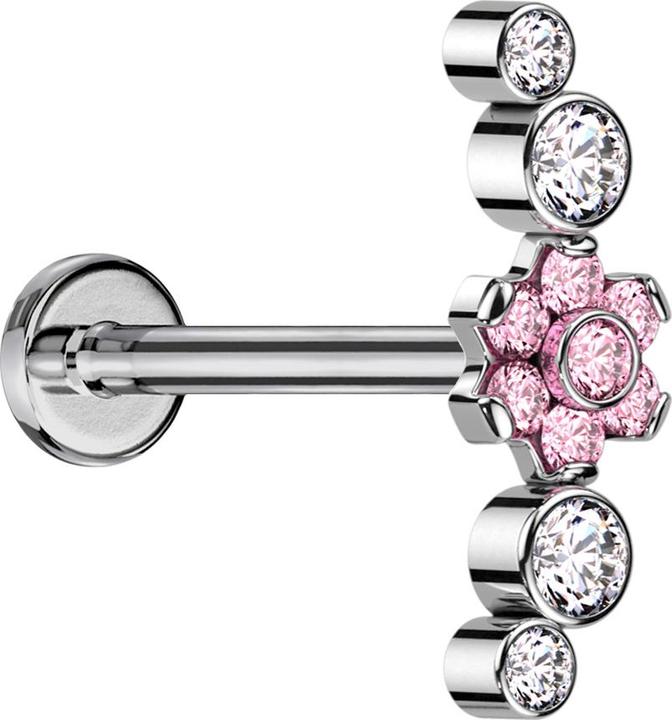 Actual product image Star Piercing Micro Labret internal thread silver flower crystals pink set four crystals silver (without brass, Titanium G23)
