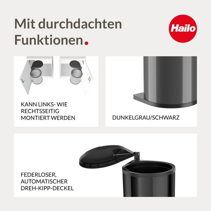 Produktbild Hailo Abfallsammler 3515071 Mono Schwenkeimer 15 Liter Einbau ab 40 cm Unterschrank mit Drehtür Schw (15 l)