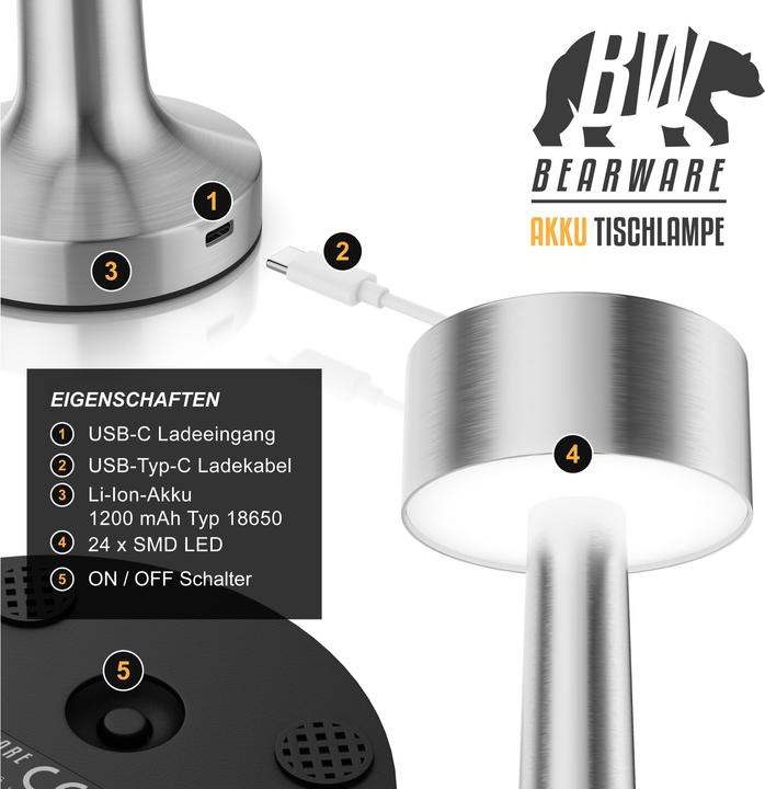 Produktbild Bearware LED Tischleuchte, dimmbar, kabellos, Akku, Touch, Nachttischlampe, Schreibtischlampe, Edelstahl