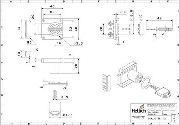 Image du produit Hettich Zylinder-Aufschraubschloss unterschiedlich schlieend Trstrke 13-20 mm Stahl vernickelt