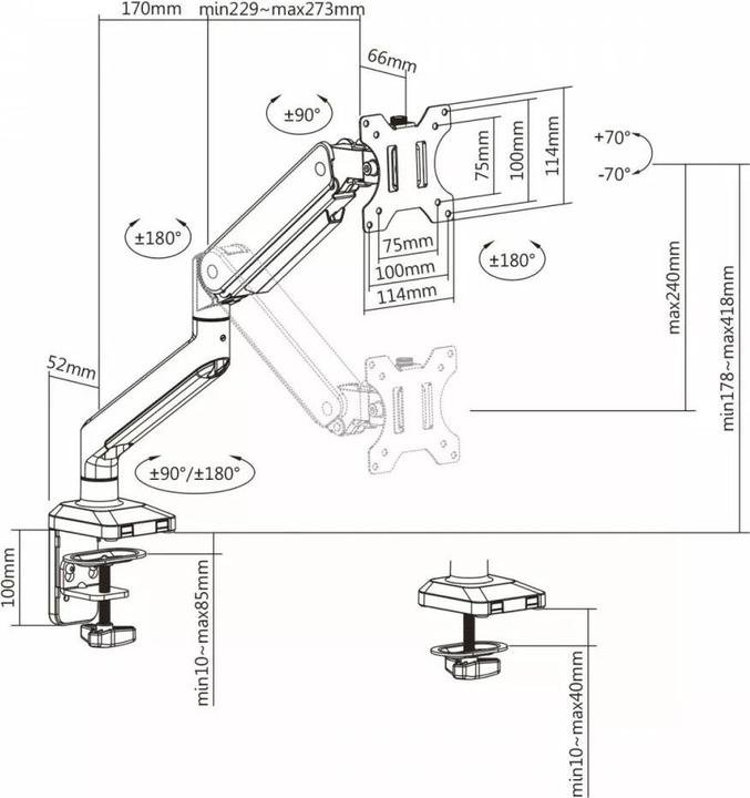 Actual product image Ergo Office Monitoriaus laikiklis aliuminis su dujine spyruokle, dviguba rankena, vesa 75x75 (Table, 32")