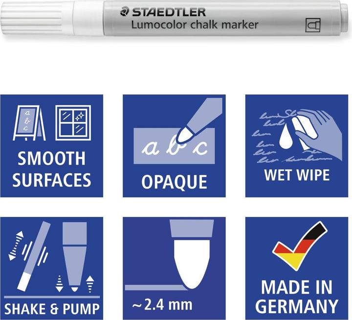 Produktbild Staedtler Lumocolor Kreidemarker chalk marker, weiss, Blister Strichstärke: ca. 2,4 mm, Rundspitze, geruchsarm (Weiss, 2.40 mm, 1 x)